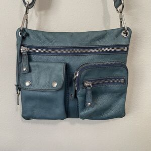 Fossil Teal Genuine Leather Zip Top Shoulder Bag Crossbody Purse W/Key Charm Y2K